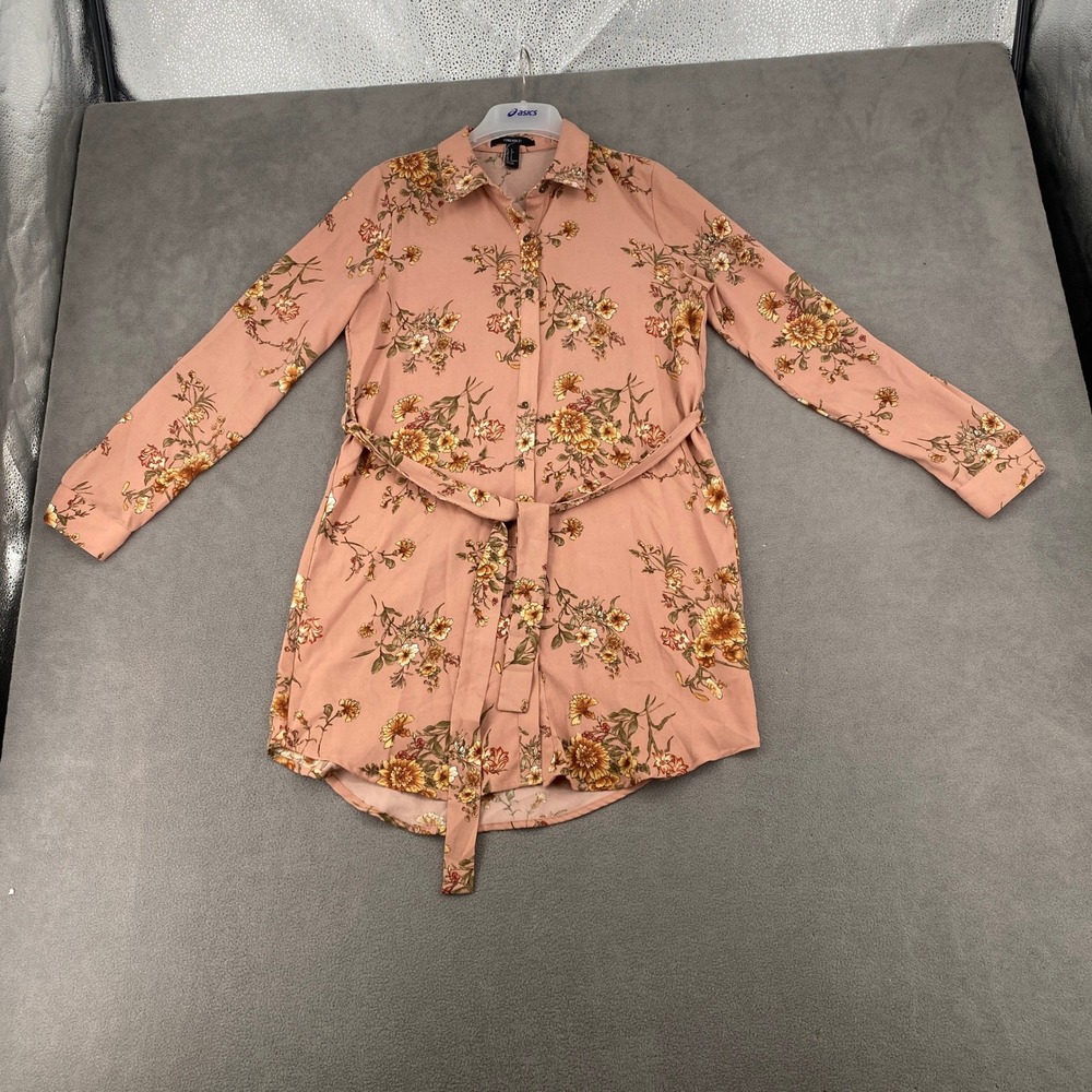 Forever‎ 21 Floral Shirt Dress Pink Long Sleeve Belted Mini Tunic Small
